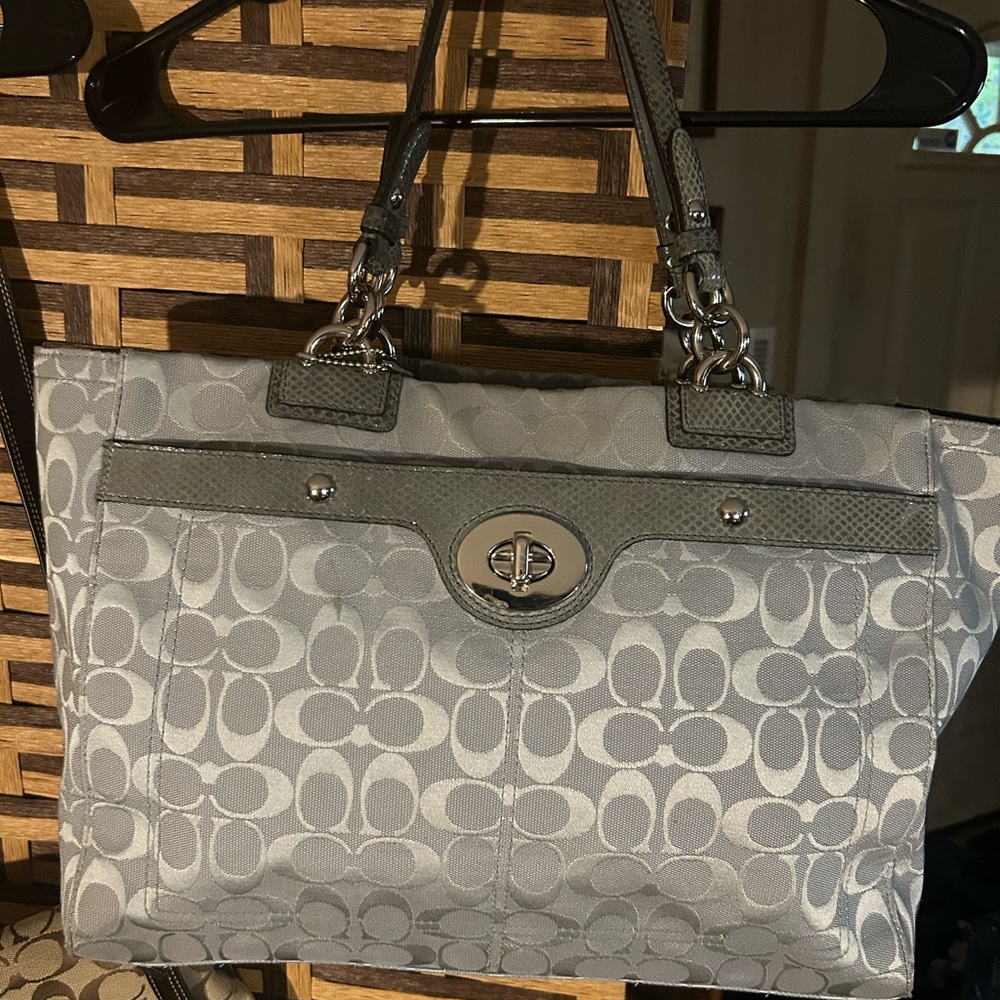 Gray and snakeskin Coach tote